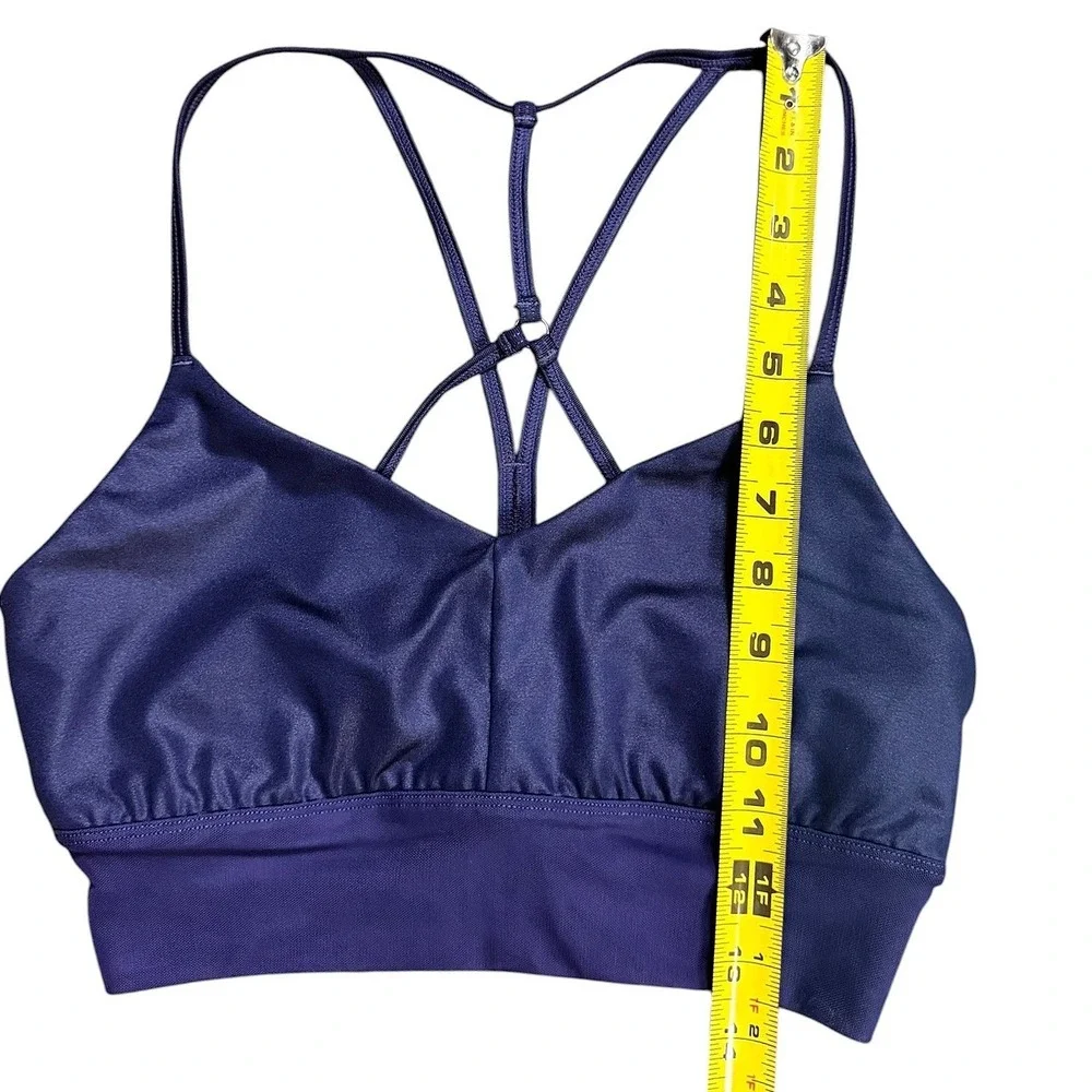 Alo Yoga Navy Blue Strappy Crisscross Back Sports Bra Medium V-Neck Metallic